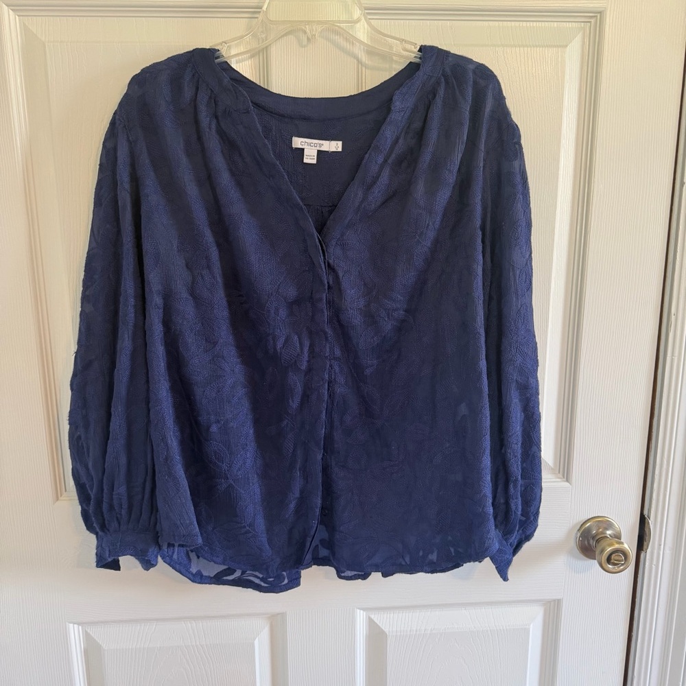 Chico’s Size 2 (US 12) Navy Blue Textured Jacquard Blouse 3/4 Sleeve Boho Top
